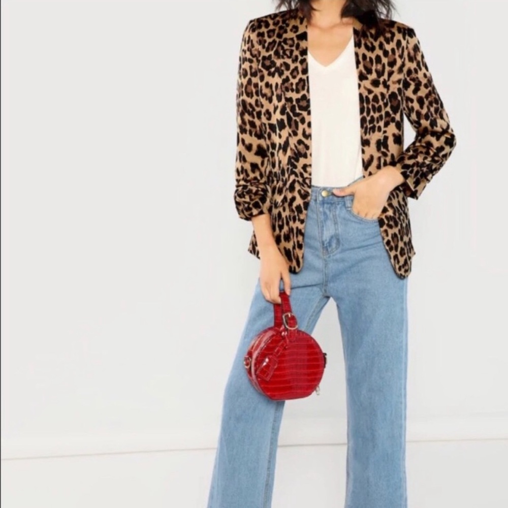SHEIN Leopard Print 3/4 Sleeve Ruched Open Blazer